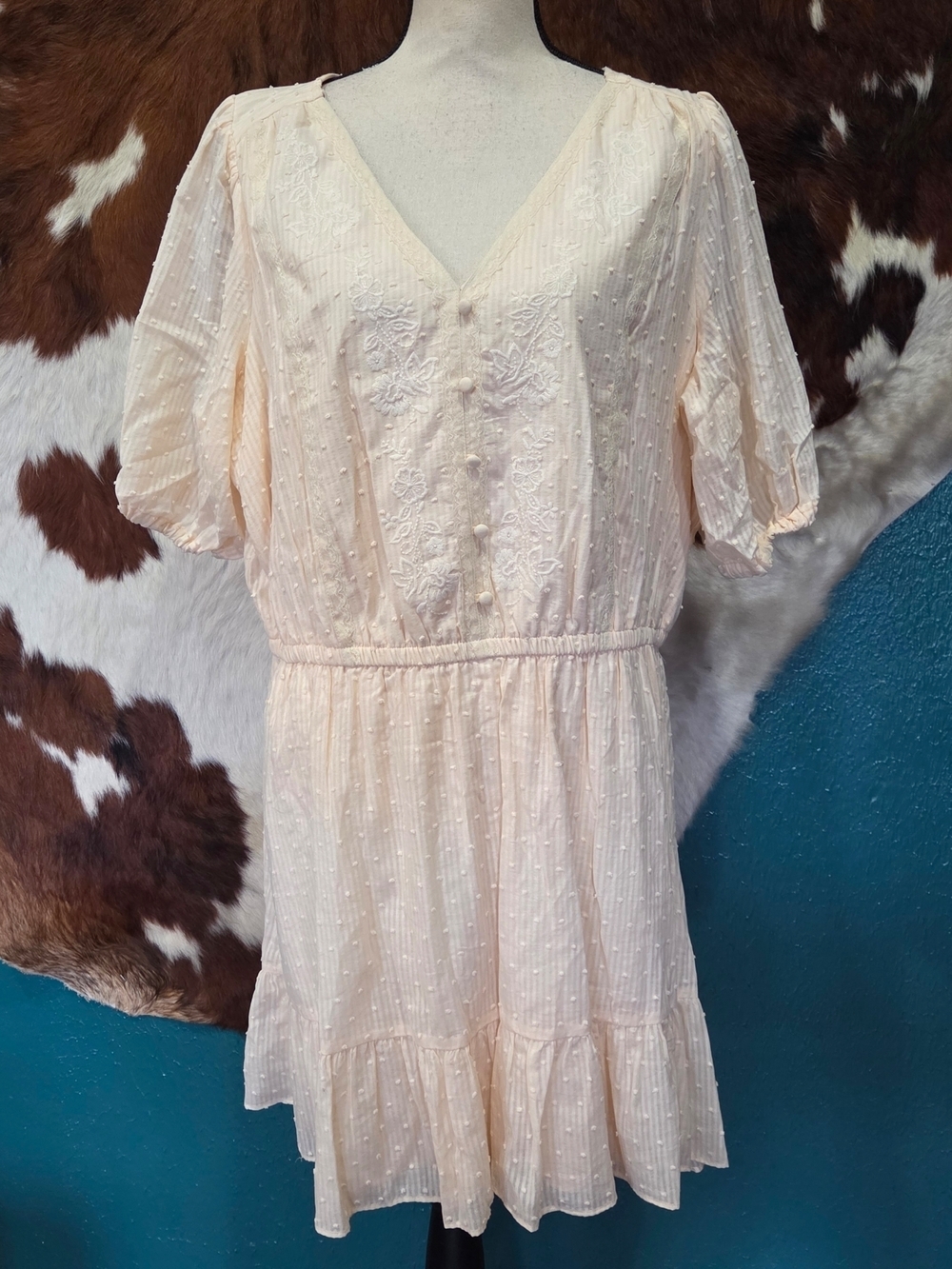 LC Lauren Conrad Pale Blush Embroidered V-Neck Mini Dress